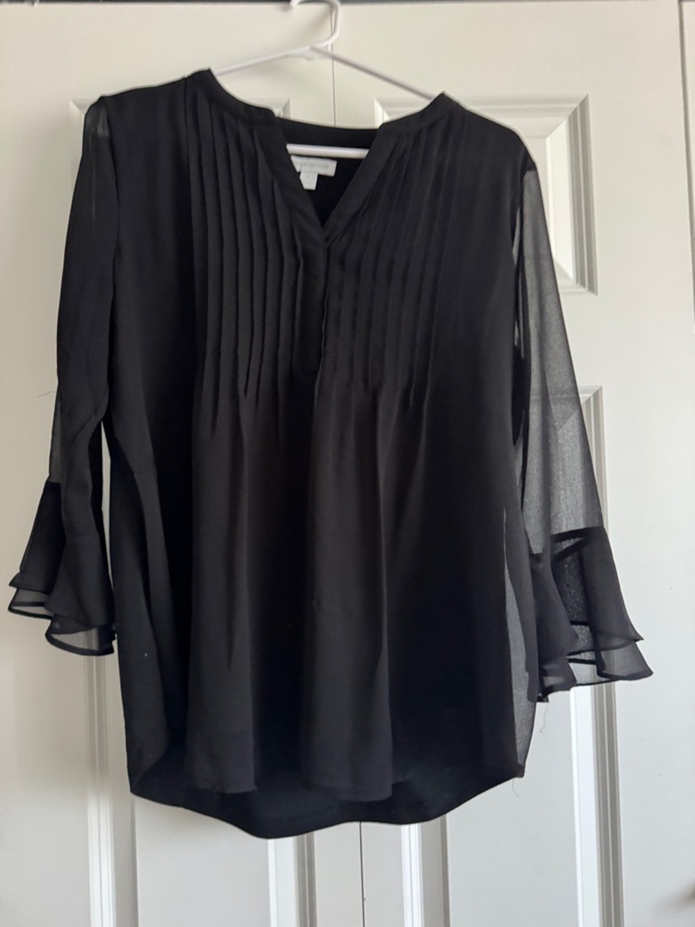 Charter Club Black Pintuck V-Neck Blouse with Ruffle Sleeves